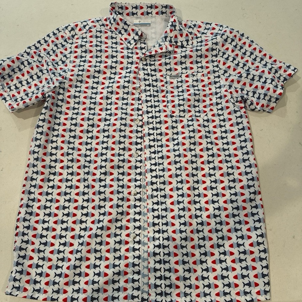 Men's Geometric Casual Shirt - Red, Blue, and White